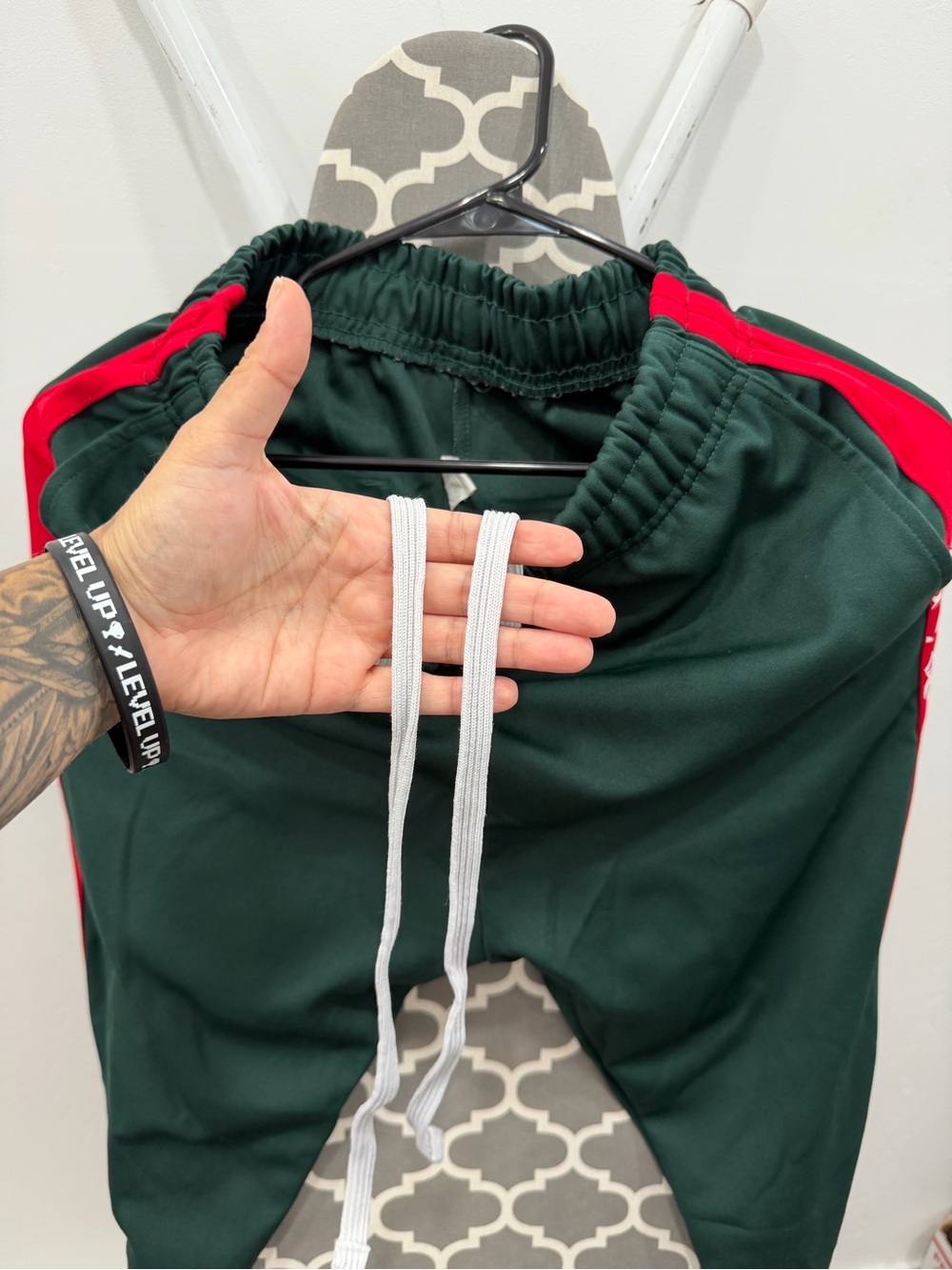 Mens Dark Green Drawstring Track Pants with Red Stripe